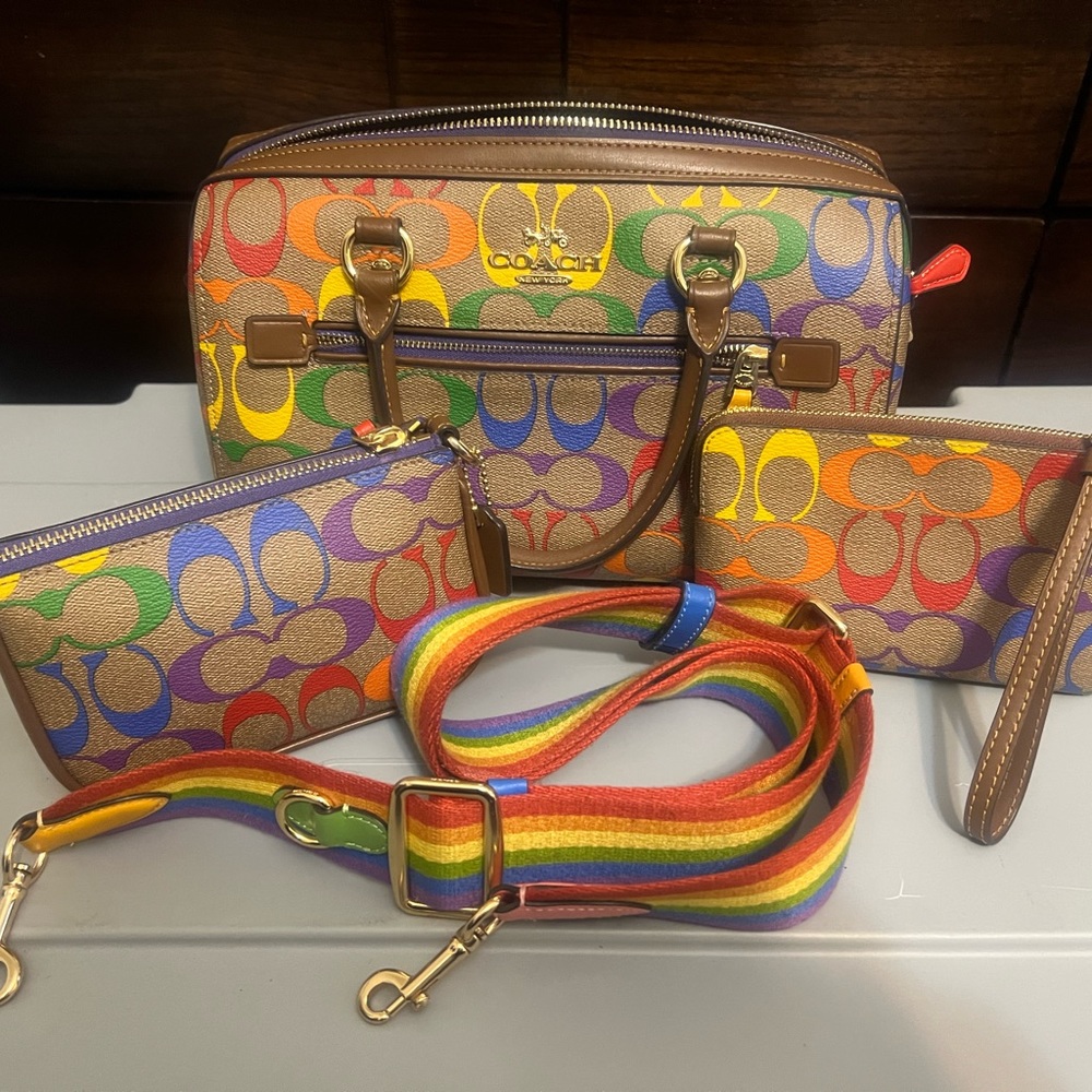 Coach Rainbow Colored Handbag with 2 small wallets